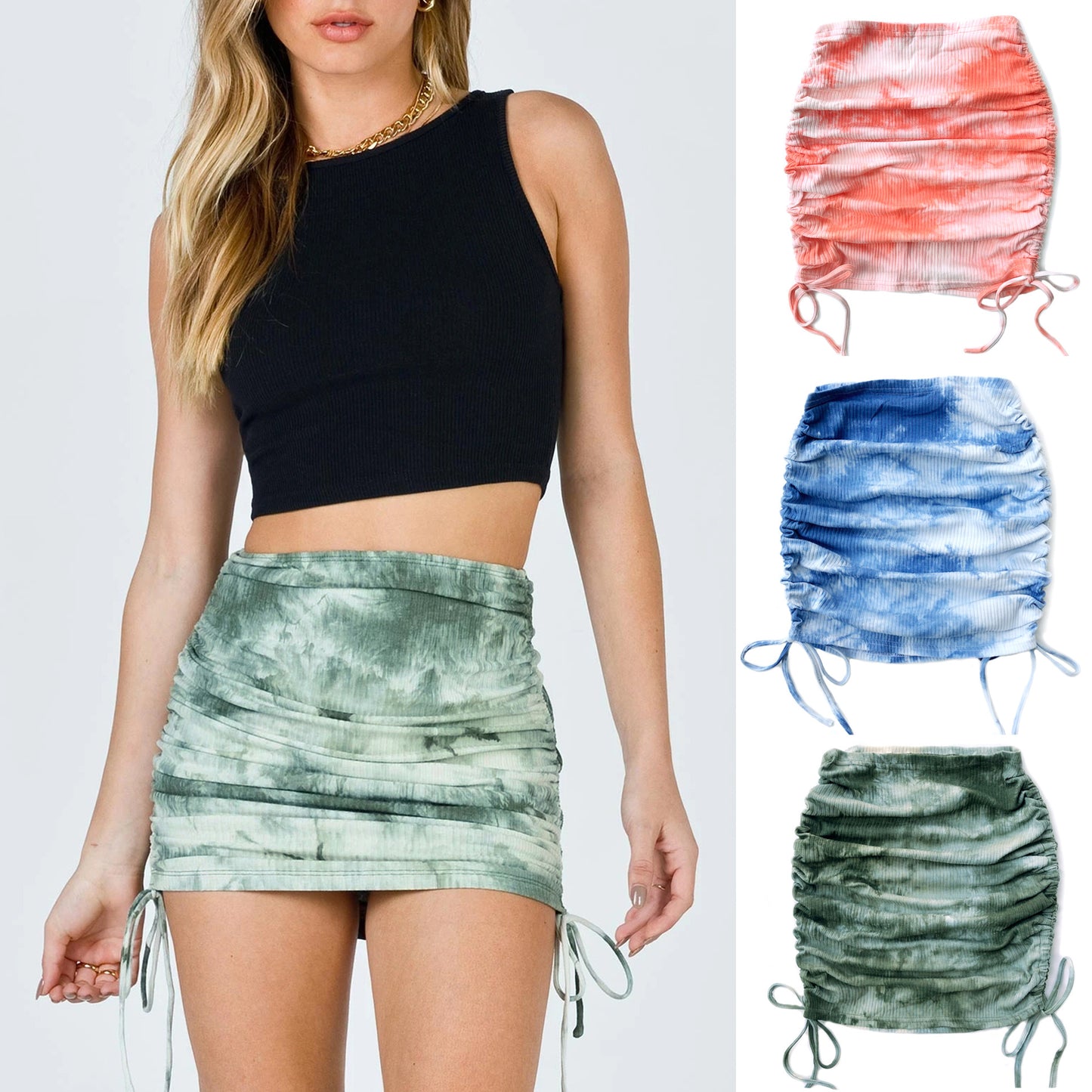 Elastic Pleated Tie Dye Knit Skirt