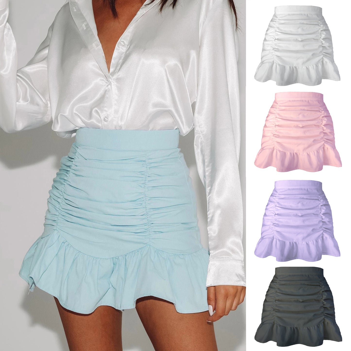 Pleated Solid Color Ruffled Zipper Skirt