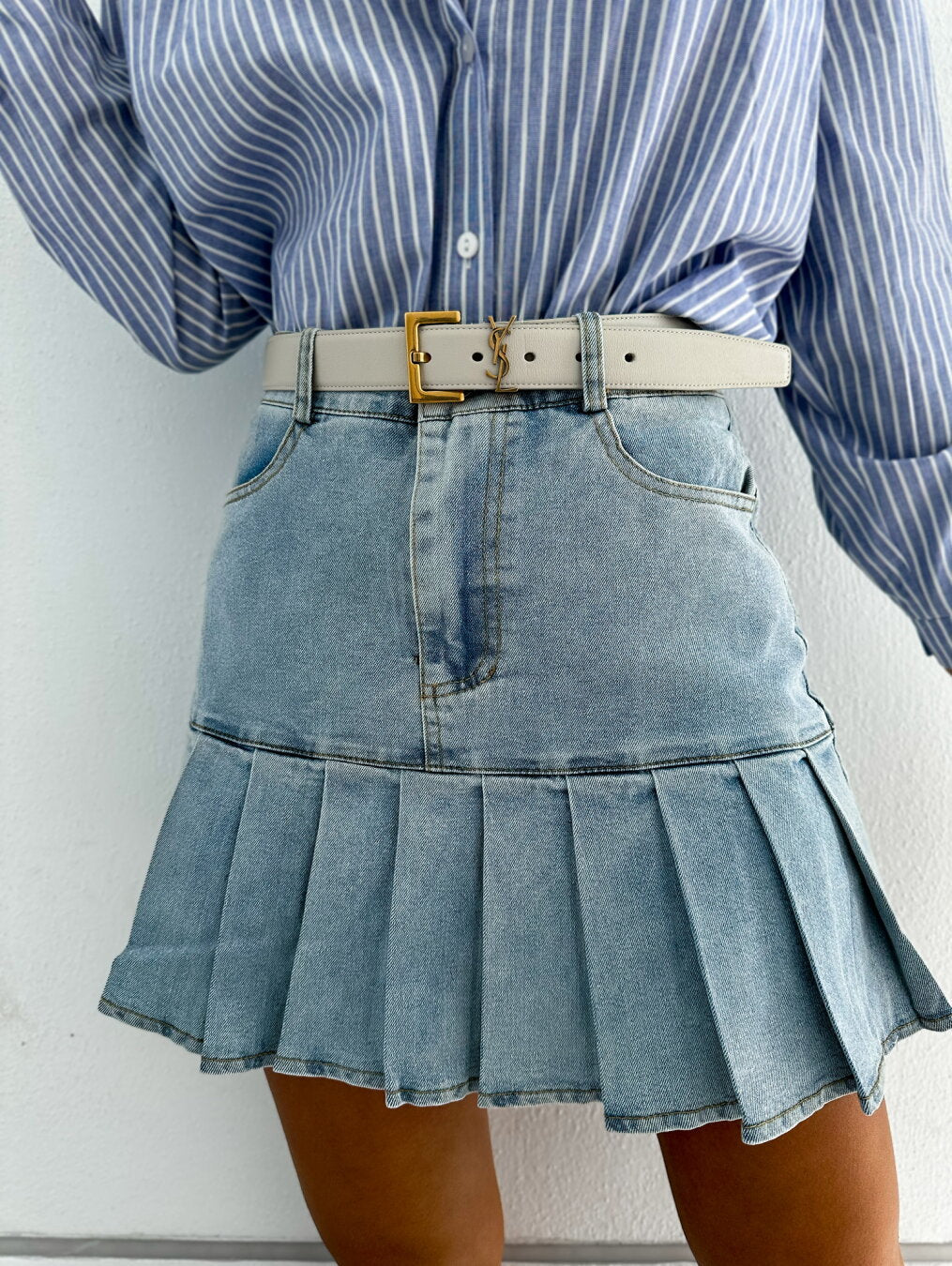 Pleated Bottom Denim Skirt