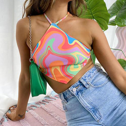 Printed Groovy Cropped Halter Top