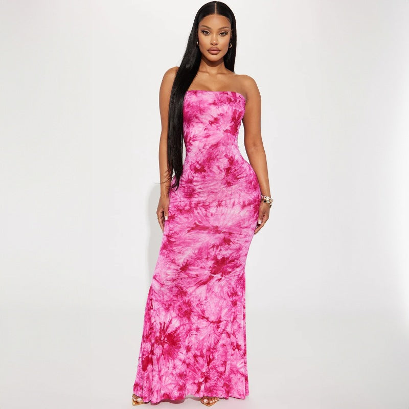 Pink Bandeau Tie Dye Maxi Dress