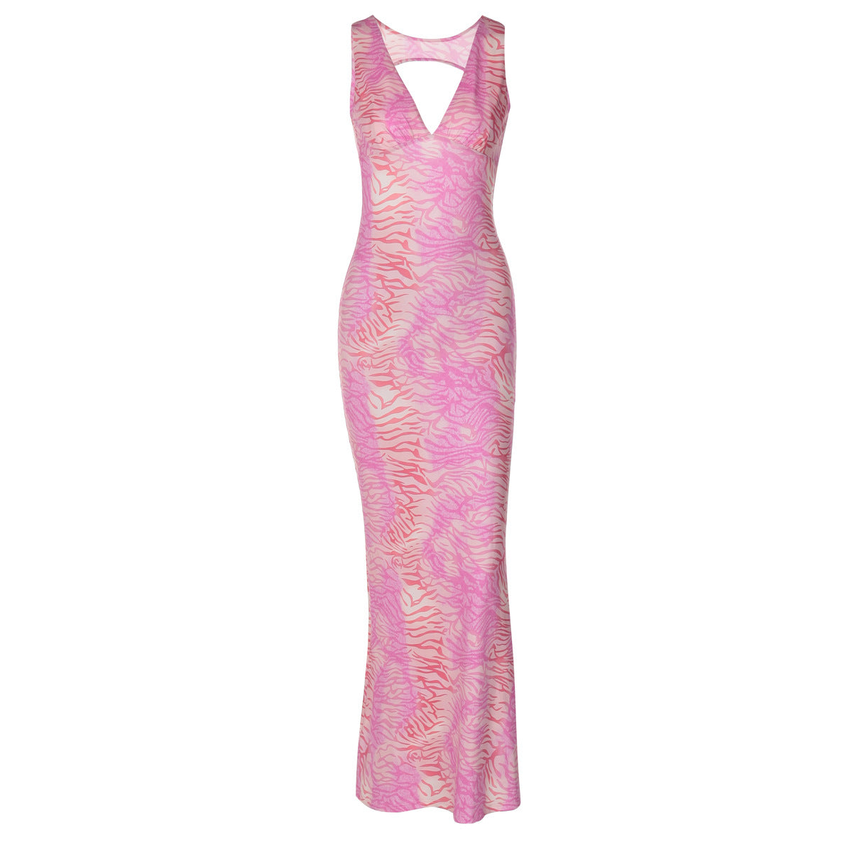 Pink Abstract V-Neck Backless Maxi Dress