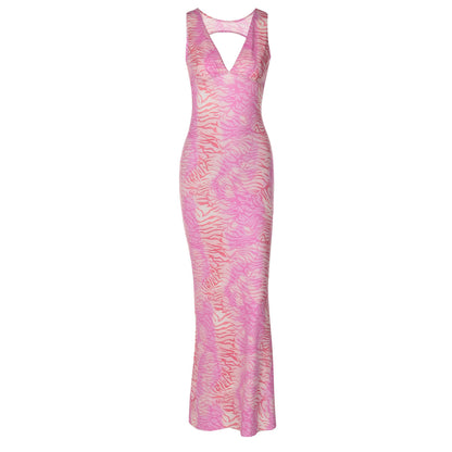 Pink Abstract V-Neck Backless Maxi Dress