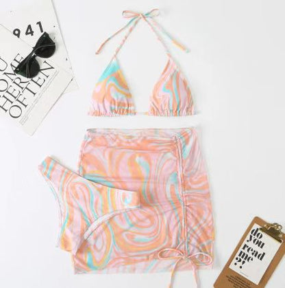 Mesh Three Piece Marble Triangular Bikini Swimsuit