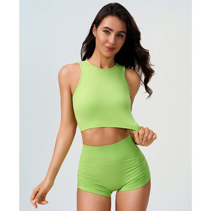 Sleeveless Crop Two Piece Ruched Yoga Shorts Set