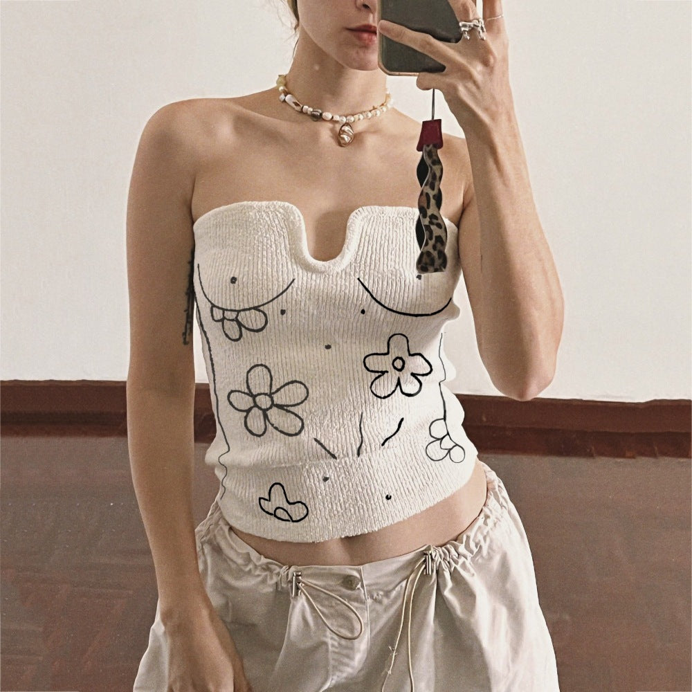 Embroidered Floral Print Split Knit Tube Top