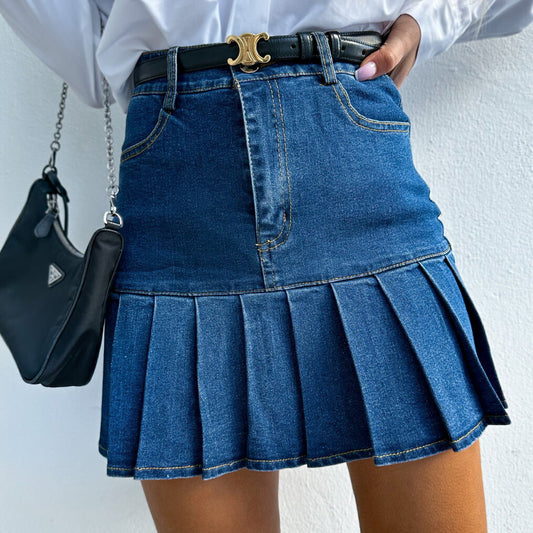 Pleated Bottom Denim Skirt