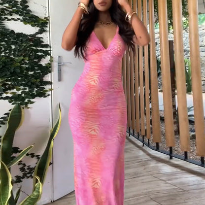 Pink Abstract V-Neck Backless Maxi Dress