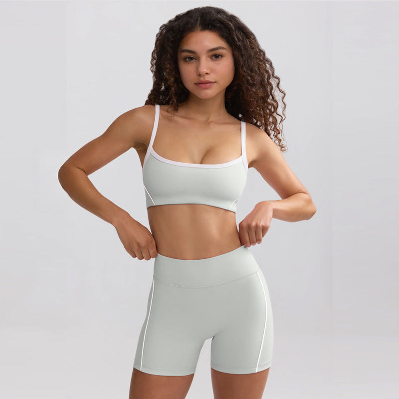 White Strap High Waist Workout Shorts Two Piece Set