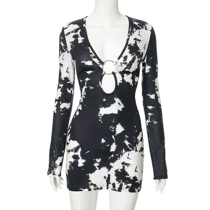 Black White Long Sleeve Tie Dye Casual Mini Dress