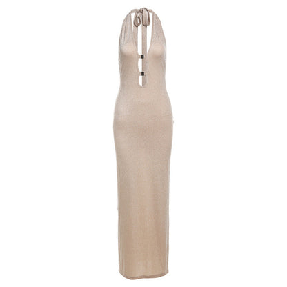 Halter Tied Backless V-Neck Maxi Dress