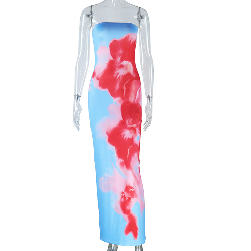 Strapless Bodycon Flower Print Maxi Dress