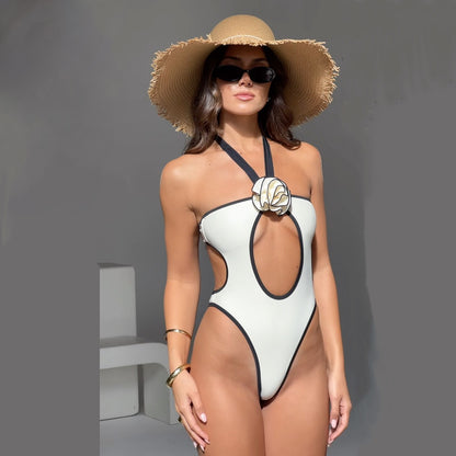 Rose Centered High Cut One Piece Swimsuit