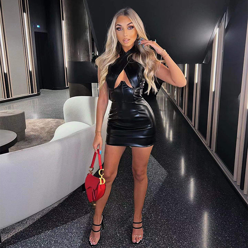 Halter Faux Leather Dress