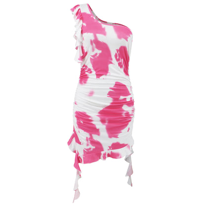 Ruffled One Shoulder Tie Dye Summer Dress