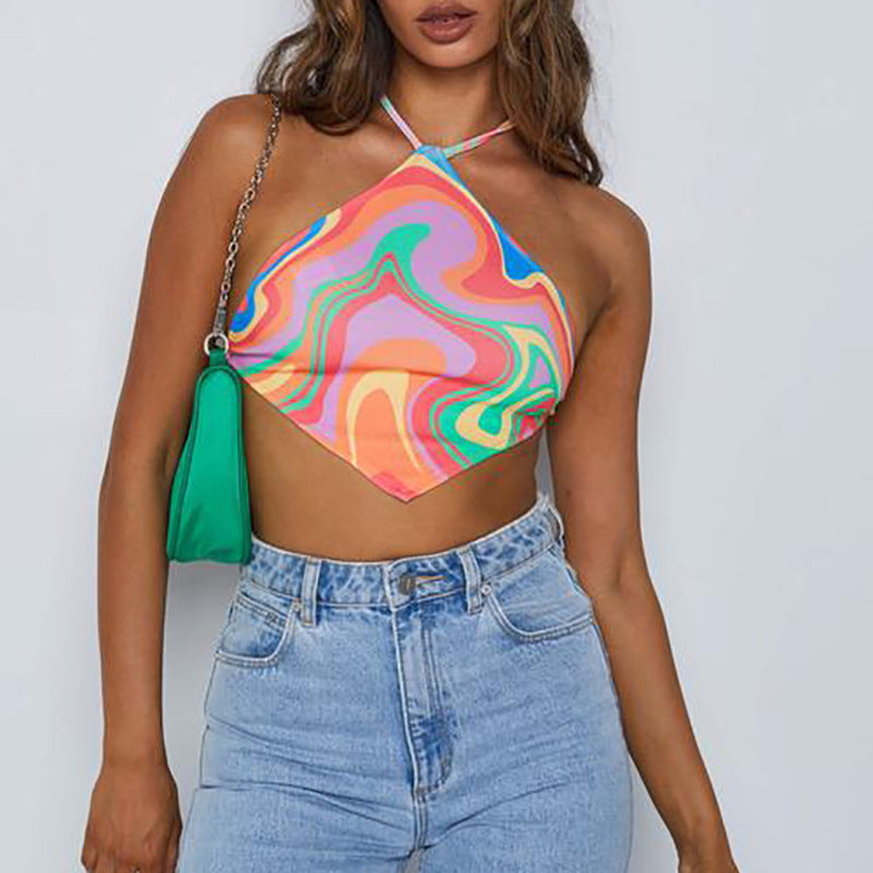 Printed Groovy Cropped Halter Top