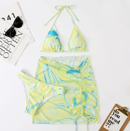 Mesh Three Piece Marble Triangular Bikini Swimsuit