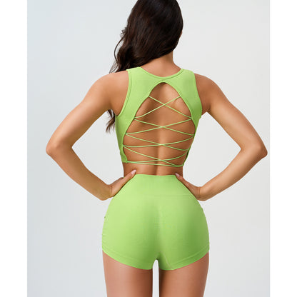 Sleeveless Crop Two Piece Ruched Yoga Shorts Set