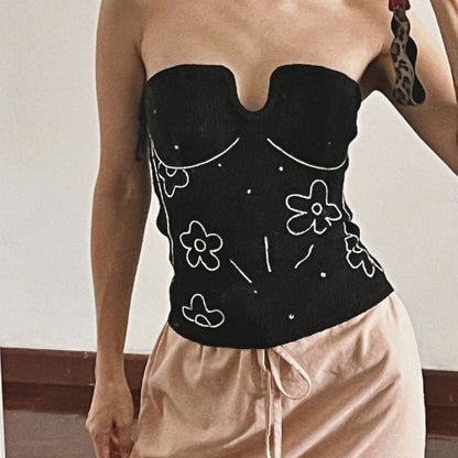 Embroidered Floral Print Split Knit Tube Top