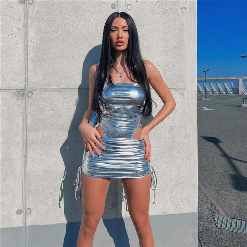 Metallic Drawstring Hip Skirt Set