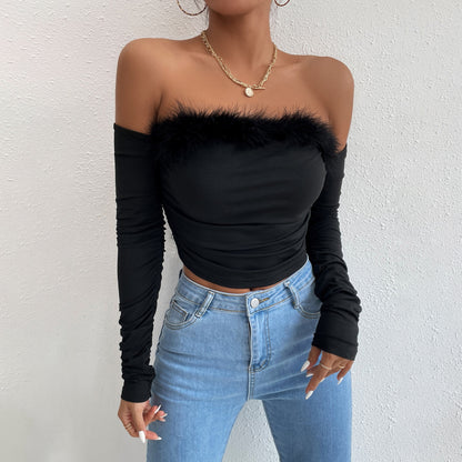 Retro Fur Collar Long Sleeve Tube Top