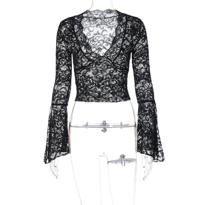 Deep Plunge Cropped Long Sleeved Lace Top