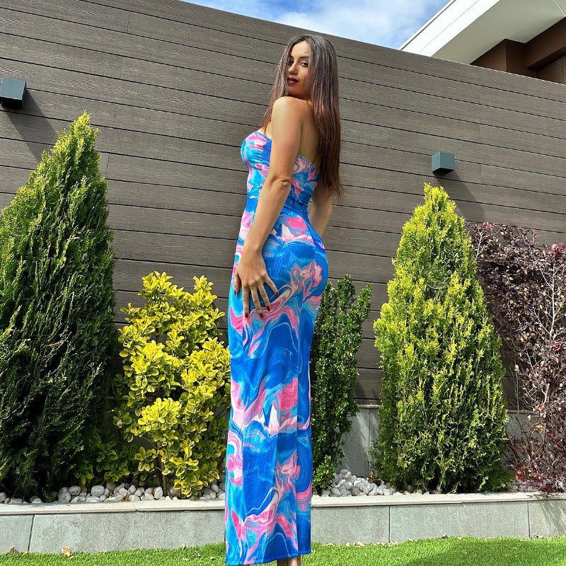 Blue & Pink Marble Strapless Tube Top Dress