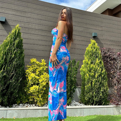 Blue & Pink Marble Strapless Tube Top Dress