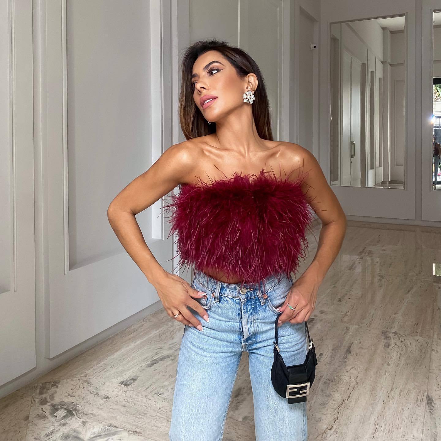 Strapless Feathered Tube Top