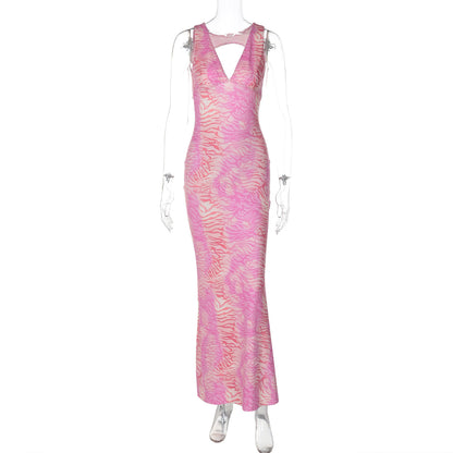 Pink Abstract V-Neck Backless Maxi Dress