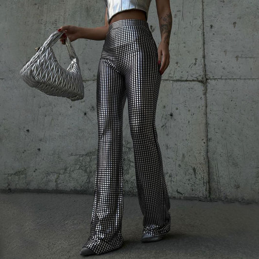 Shiny Silver Plaid Slightly Flared Pants