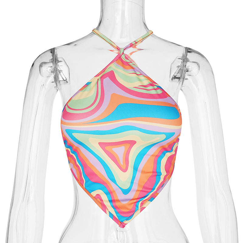 Printed Groovy Cropped Halter Top