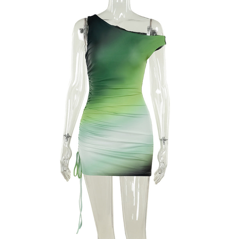 Green Gradient One Shoulder Mini Dress