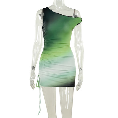 Green Gradient One Shoulder Mini Dress