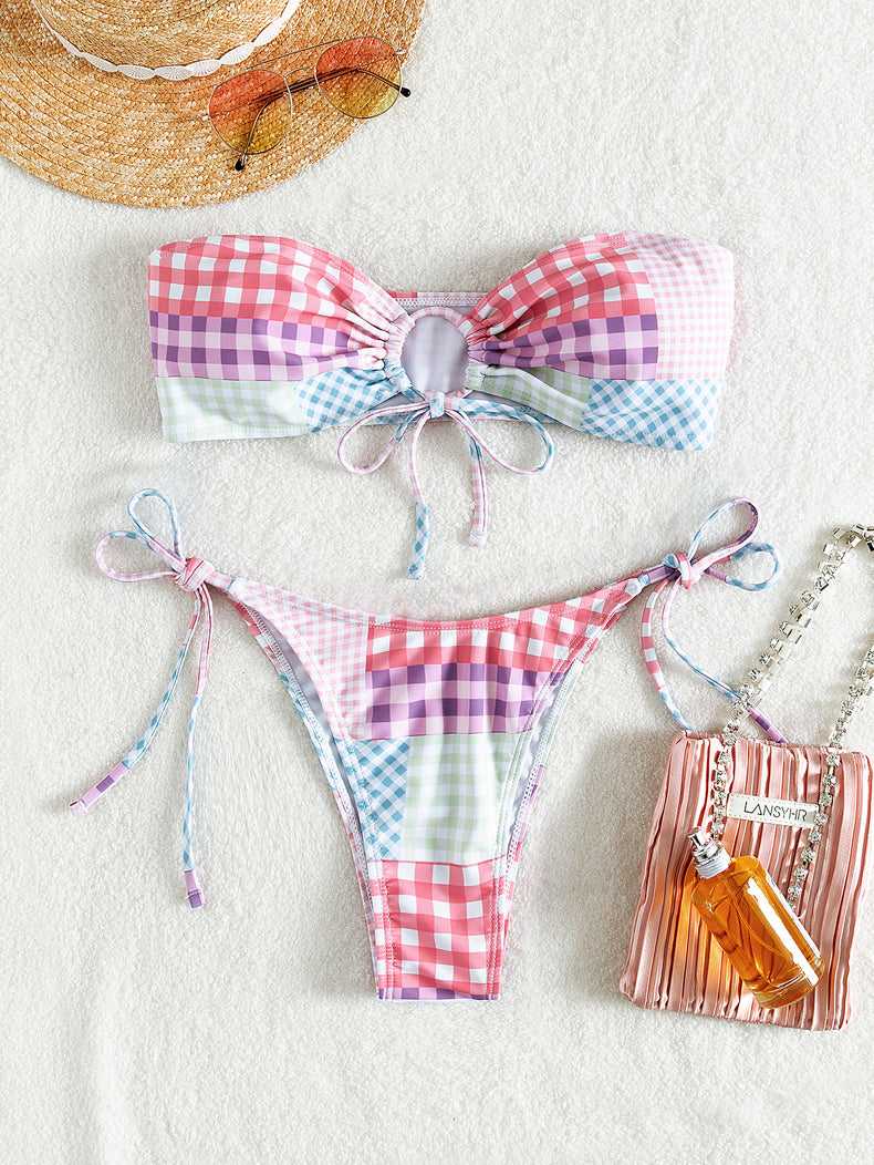 Plaid Tube Top Bikini Swimsuit