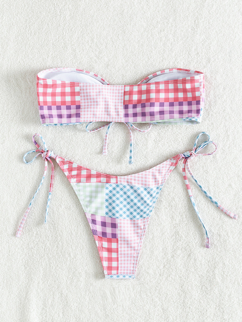 Plaid Tube Top Bikini Swimsuit